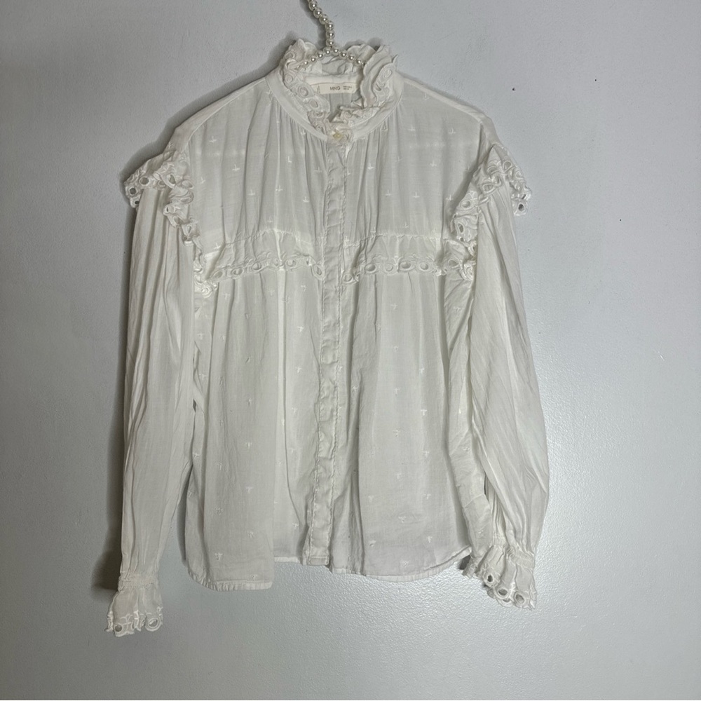 mng by mango 4 White Button Down Embroidered Eyelet Lace Top CP‎